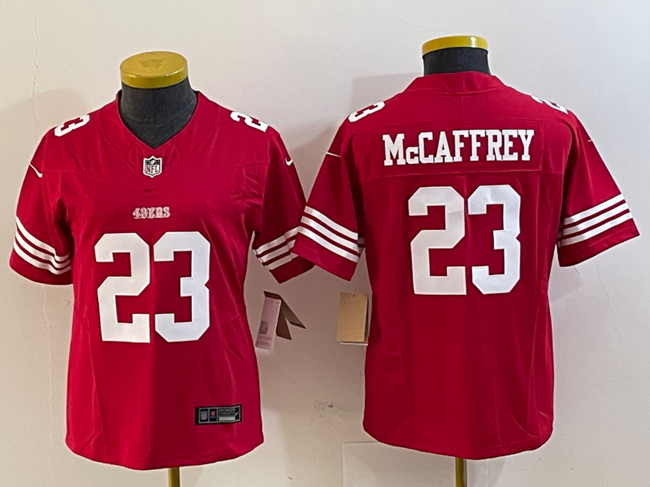 Women's San Francisco 49ers #23 Christian McCaffrey Red 2023 F.U.S.E. Vapor Untouchable Limited Stitched Jersey(Run Small)